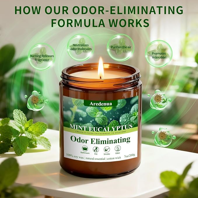 Mint Eucalyptus Odor Eliminating Candles | Eliminates 95% of Pet, Smoke & Bathroom Odors – 7 oz Hand Poured Non-Toxic Soy Candle - Air Freshing Scented Candles - Stress Relief Gifts for Women Men