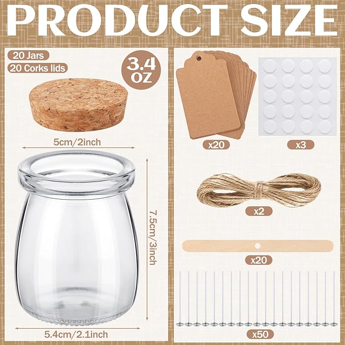 Teenyyou 20 Pack Glass Candle Jars for Making Candles Bulk 3.4 oz Small Clear Empty Glass Jars with Airtight Bamboo Lid Twine Wick Label Wax Core Holder for Baby Shower Guest Christmas Party Gifts