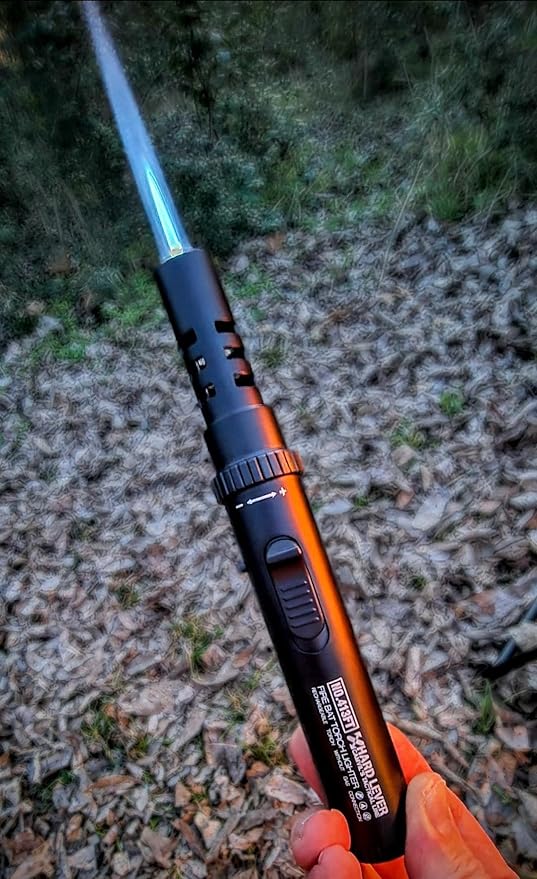 Camping Lighter, Torch Lighter, Windproof Jet Flame Butane Refillable Adjustable Flame with Safety Lock&Fule Guage for Campfires Kitchen Hiking Candles Fireplace BBQ Outdoor Camping Essentials(Black)