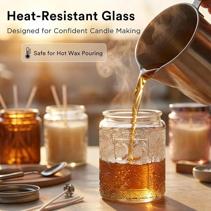 LumaCraft Luxury Embossed Glass Candle Jars for Making Candles - 12 Pack Empty Candle Containers with Airtight Metal Lids, 20 Wicks & 20 Stickers, Colored Glass Jars for Gifts & Decor-8OZ