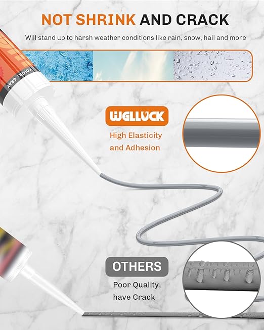 WELLUCK Gray Silicone Caulk, 100% Waterproof Silicone Sealant Adhesive Caulking,for RV, Kitchen,Bathroom, Window, Door, Glass,10.2FL.OZ/300ML（1 Pack）