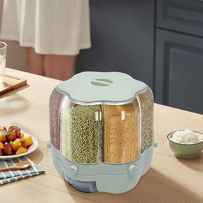 6 Grid Grain Storage Container 17.63Lbs Food Dispenser 360° Rotating Dry Grain and Rice Cereal Dispenser with Lid Rices Dispenser Rotating for Store Rice, Red Beans, Yellow Beans