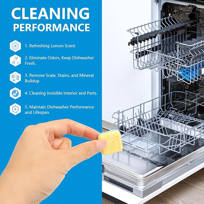 24-count Dishwasher Cleaner Tablets, Deep Cleaning and Descaling Formula, Removes Odors, Scale, and Hard Water Residue, Maintains Dishwashers, Septic Tank Safe (Lemon Scent)