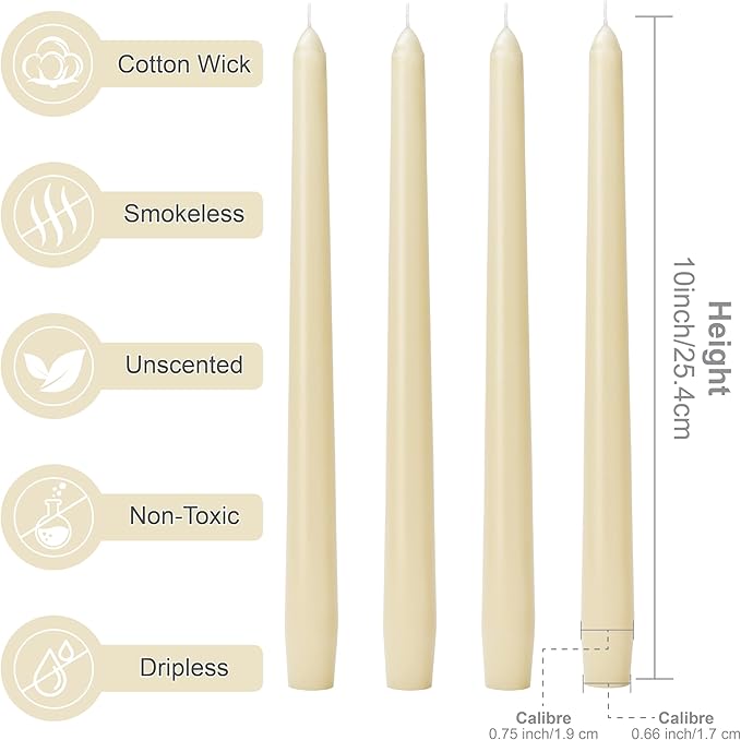 Taper Candles 10-Inch - Ivory Dripless Candlesticks Unscented Tall Cream Tapered Candles Smokeless Slow Burn 8 Hours Candle Sticks Paraffin Wax with Cotton Wicks for Wedding Dinner 24 Pack