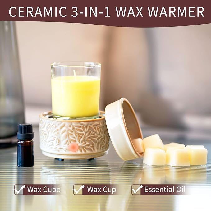 ElusiaKa Wax Melt Warmer,Electric 3-in-1 Wax Melter,Ceramic Candle Wax Warmer Burner for Scented Waxs,Candle Warmer Scent Oil Burner Home Aromatherapy-Vintage Warm Brown