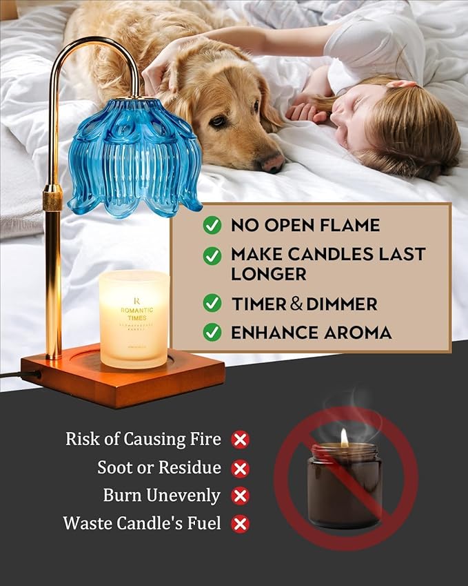 Blue Candle Warmer Lamp with Timer Dimmable, Adjustable Height Mothers Day Birthday Gifts for Women Mom, House Warming Gifts New Home Room Decor, Lotus Flower Candle Lamp Warmer for Jar Candle