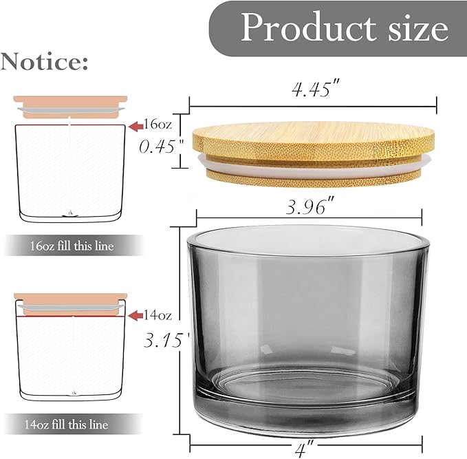 CONNOO 6-Pack 16 oz Candle Jars - 3-Wick Gray Empty Wide Mouth Glass Candle Jars Come with Bamboo Lids, Sticky Warning Labels, and a Candle Wick Kit for Candle Making - Dishwasher Safe