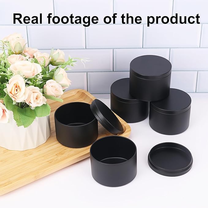 48 Pack 8 oz Black Metal Candle Tins with Lids, Round Bulk Metal Candle Jar, Matte Finish for DIY Candle Making and Storage
