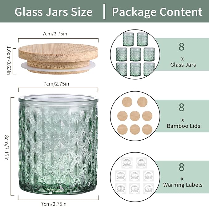 MATAHUM 8 Pack Green Candle Jars for Making Candles, 7 OZ Empty Glass Candle Making Jars with Bamboo Lids for Candle Making Supplies, Candle Containers Vessels for Home DIY Decoration