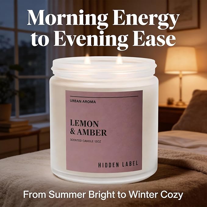 Hidden Label Lemon & Amber Scented Candle | 12oz Natural Soy Candle | Warm Citrus & Golden Amber | 70-Hour Clean Burn | Modern Boho Home Décor | Cozy Hygge Gift for Women, Housewarming