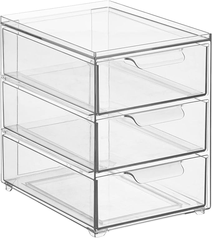 mDesign Plastic Stackable 3-Drawer Kitchen Storage Organizer - Bin with Divided Pull-Out Drawers for Pantry, Shelf, Fridge/Refrigerator, and Freezer Organization - Lumiere Collection - Clear