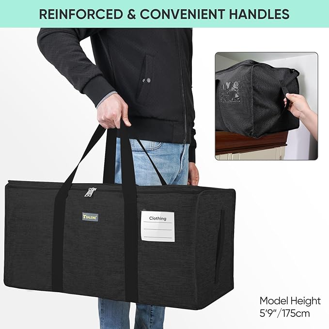 BALEINE Extra Large Storage Tote with Zippers & Carrying Handles, Heavy-Duty Oxford Fabric Moving Bags for Laundry, Space Saving, Storage, Charcoal Black, 1-Pack