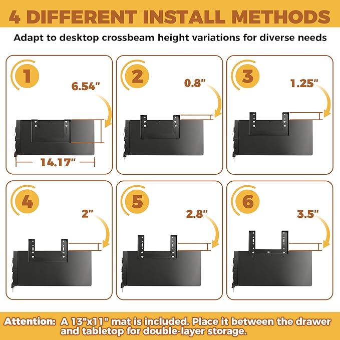 14.17" D Double Under Desk Drawer,Under Desk Pull out Storage Organizer with Lock and Keys,Adjustable Height, Metal Storage Drawer with Slide Extension Mounted Under Flat Wooden Table or Workbench