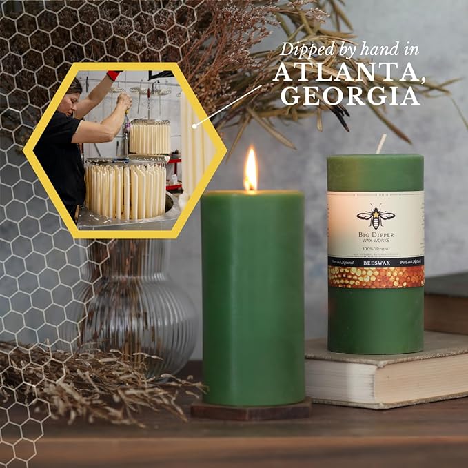 Big Dipper Wax Works Moss Green Pillar Candle, 90-Hour Long Burn, Pure Beeswax Candle, 3" x 6”