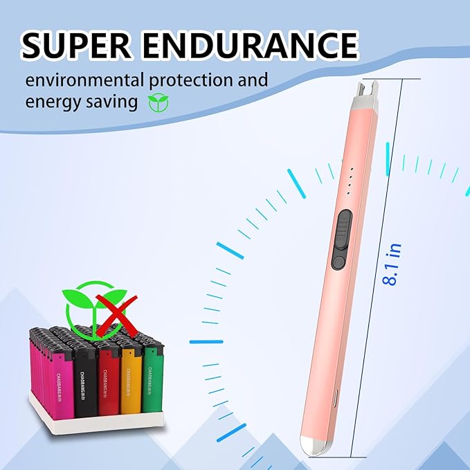 Electric Candle Lighter, Rechageable Arc Lighters for Camping, Long Lighter with Safety Switch & LED Battery Display, Windproof & Flameless lighters for BBQ, Grill (Rose Gold)