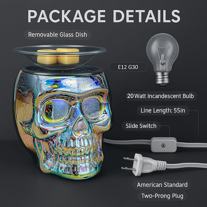 Wax Melt Warmer, Wax Warmer for Scented Wax with Light Bulb, Electric Skull Wax Burner, Halloween Fragrance Wax Melter for Home and Gifts (Rainbow Skull)