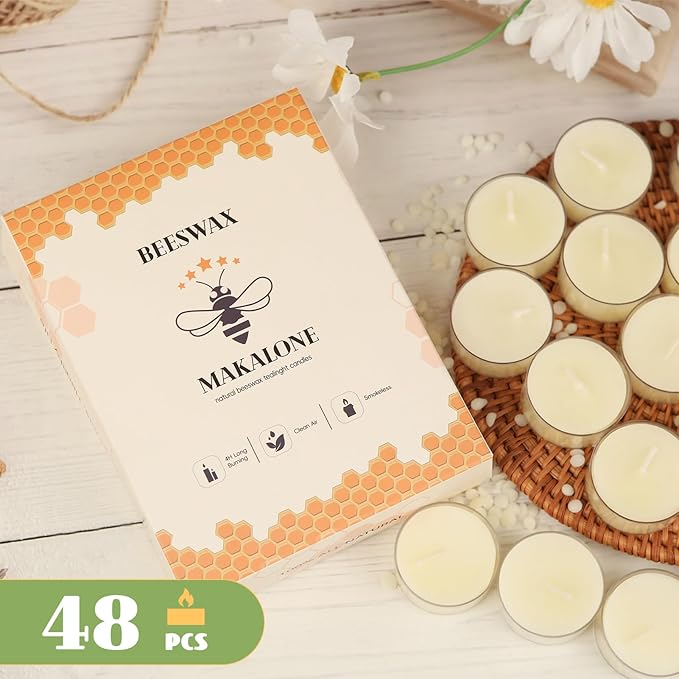 48Pcs White Beeswax Tea Light Candles-4 Hour Burn Time,100% Pure Natural Beeswax-Clean Burning & Air Purifying, Smokeless Bulk Tea Lights for Spa,Meditation,Wedding & Home Decor
