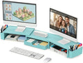 OPNICE Desk Organizers and Accessories, Dual Monitor Stand Riser with Drawer and 2 Pen Holders, Desk Shelf Metal Computer Monitor Stand for Office Workspace Organizers, Desktop Organization (Blue Metal)