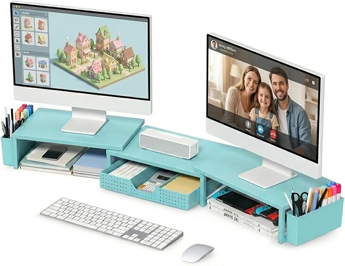 OPNICE Desk Organizers and Accessories, Dual Monitor Stand Riser with Drawer and 2 Pen Holders, Desk Shelf Metal Computer Monitor Stand for Office Workspace Organizers, Desktop Organization (Blue Metal)