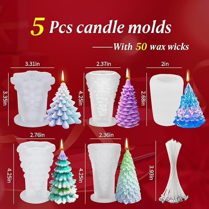 5PCS 3D Christmas Tree Silicone Candle Soap Epoxy Resin Wax Mold Silicone Shapes Christmas Tree Mold for Candle Resin Soap Craft Cake Chocolate Making Kit Christmas Gift Home Party Decoration