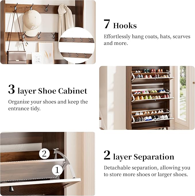 Fsbecl Shoe Cabinet for Entryway with 3 Flip Drawers & Coat Rack, Narrow Hidden Shoe Storage Cabinet with Fluted Panel, 2-in-1 Hall Tree Slim Freestanding Shoe Rack Organizer for Hallway, Walnut