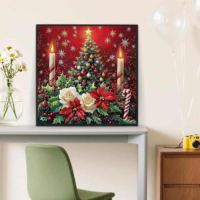 Christmas Tree Candle Flower Diamond Painting Kits for Adults,5D Diamond Art Kits for Adults Beginners,DIY Full Round Drill Diamond Dot Painting Gem Art Kits for Adult,Home Wall Decor 13.8x13.8 Inch