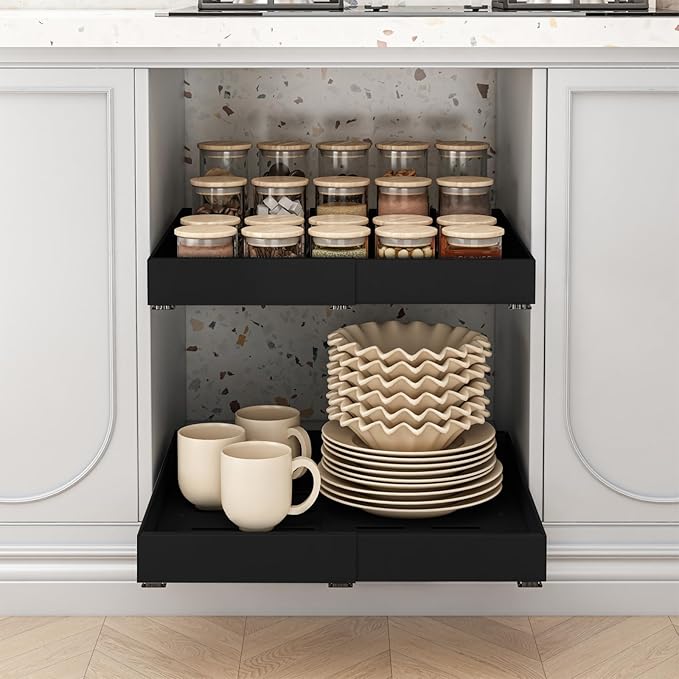 THMINS Expandable Pull Out Cabinet Organizer, 16" Deep Expandable (12.6" - 20.5") 3 Heavy Duty Slide Drawers Pull Out Drawers for Kitchen Storage Cabinet (Black)
