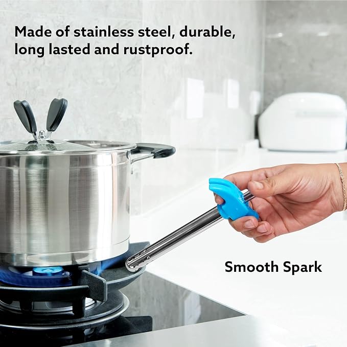 Easy Grip Premium Waterproof Stainless Steel Matt Finish Regular Gas Lighter for Gas Stove, Restaurants & Kitchen Use (Blue)