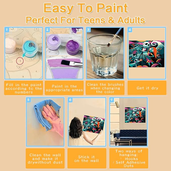 Jack Sally Paint by Numbers Kits for Adults, Halloween Paint by Number for Adults Beginner, Nightmare Before Christmas Paint by Numbers Kits on Canvas with Framed and Easel for Wall Decor 12x16in