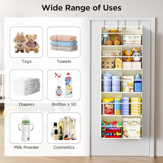 5-Tier Over The Door Organizer with 10 Side Mesh Pockets & Clear Windows, 80 lbs Weight Capacity Hanging Storage for Bathroom, Bedroom, Nursery, Kitchen, Organize Shoes, Diapers(Clear Beige)