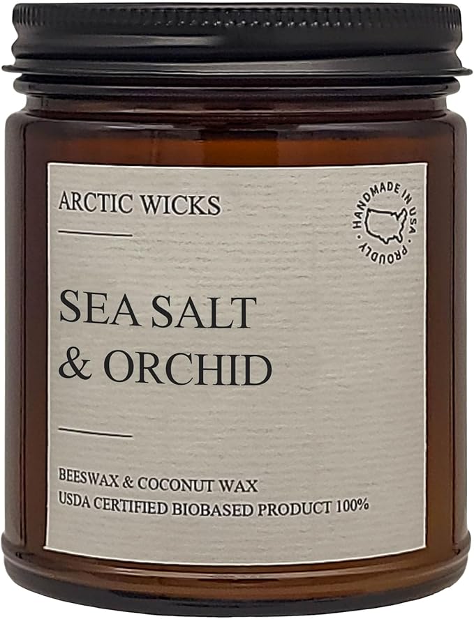Arctic Wicks Scented Coconut Beeswax Candles | Coconut Beeswax Non Toxic Candle 9oz Amber | Farmhouse Candles Non-Toxic Clean Burn 100% USDA Certified Biobased (Sea Salt & Orchid)