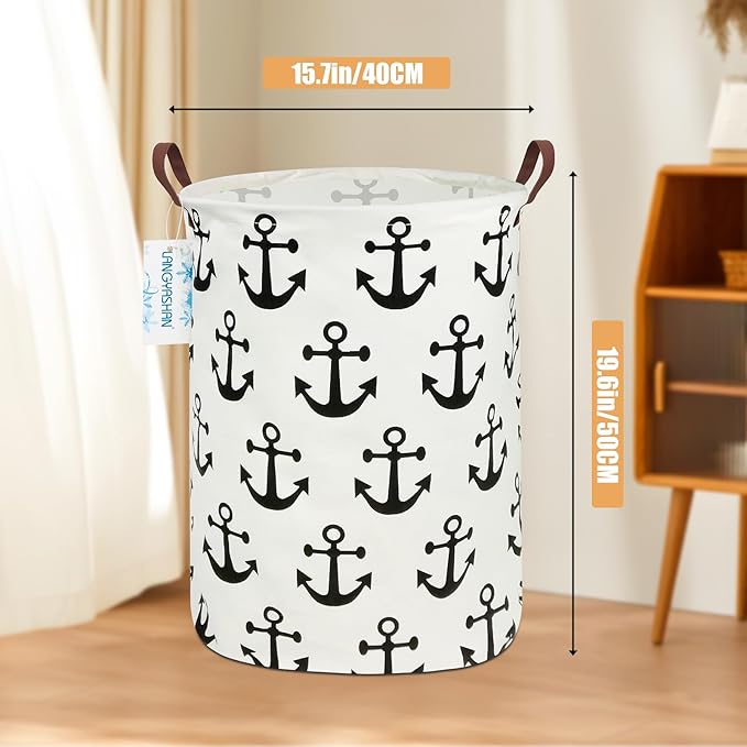 LANGYASHAN Laundry Basket Canvas Fabric Collapsible Organizer Basket for Storage Bin Toy Bins Gift Baskets Bedroom Clothes Children Nursery Hamper (anchor)