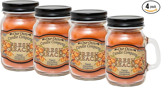 Fresh Peach Scented Mini Mason Jar Candle by Our Own Candle Company, 3.5 Ounce (4 Pack)