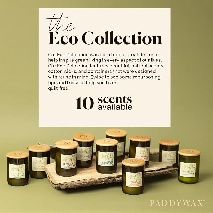 Paddywax Eco Collection Scented Soy Wax Candle in Glass Jar, Mandarin & Lavender Fragrance, Green Vessel with Wood Lid, 8 oz