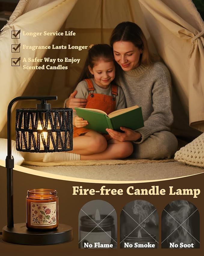 Candle Warmer Lamp, Timer Dimmable Candle Lamp, Adjustable Height and Brightness Candle Warmer, Black Boho Rattan Lampshade and 2 Bulbs, Suitable for Home Decor, Birthday Gifts for Women Mom