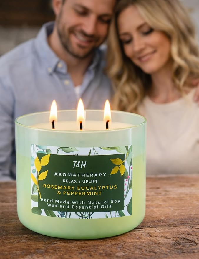 Rosemary Eucalyptus Peppermint 3 Wick Candle for Home Scented | 15.8 oz Large Soy Candle | Spa Aromatherapy Candles for Home Stress Relief | Clean Burn | Gift for Women & Men