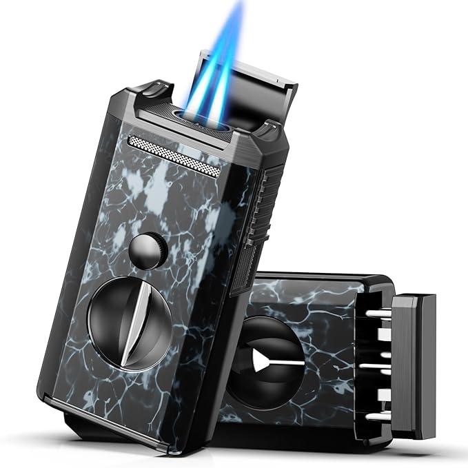 All-in-One Torch Lighter with Auto-Pop V Cutter and Holder, Windproof Jet Flame Cool Lighters, Butane Refillable Torch Lighters Set with Gift Box for Men, Candles, Travel, Outdoors, Camping