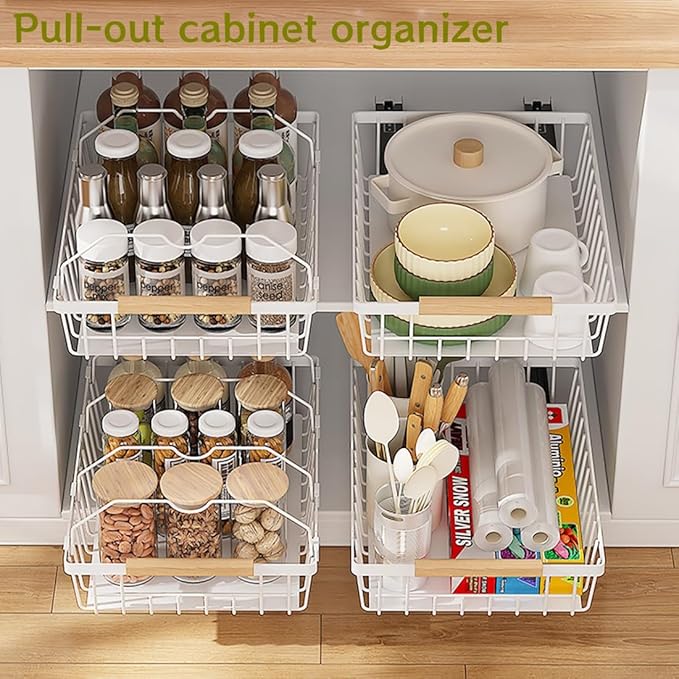2 Pack No Drill Pull Out Cabinet Organizer, Premium Carbon Steel Slide-Out Drawer with strong nano adhesive, Under Cabinet Storage Shelf for Kitchen, Pantry, Bathroom, White