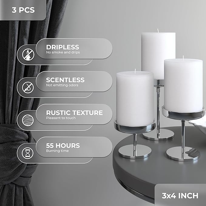 CANDWAX 3x4 inch Pillar Candles Set of 3 – Unscented Dripless Rustic White Candles for Wedding Decor, Events, Centerpieces
