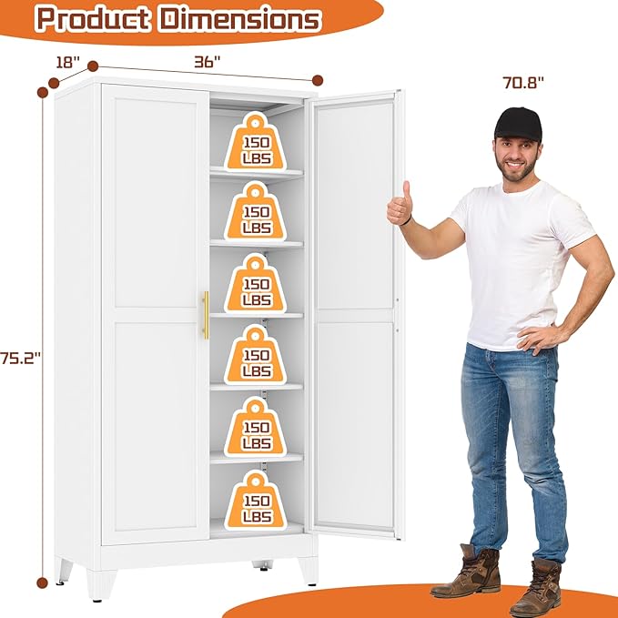 White Metal Storage Cabinet,75" Steel Cabinets for Home Office, Kitchen Pantry Storage Cabinet with Doors and 5 Adjustable Shelves, Tool Cabinets, for Office, Home, Garage, School, 36" W
