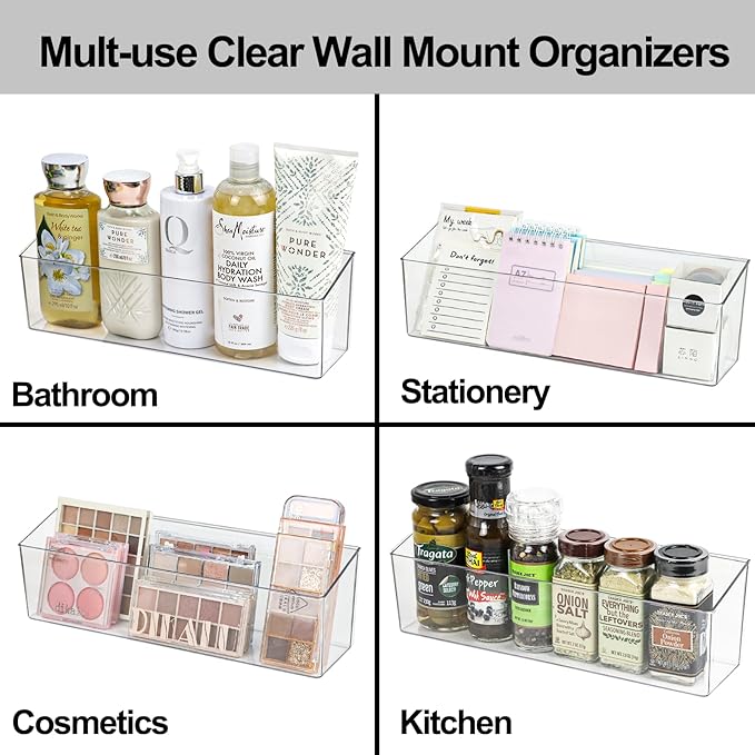 Wall Mounted Organizer Bins, Wall Mount Spice Rack, Adhesive Hanging Bin Fridge Organizer for Bathroom,Kitchen,Cabinet,Pantry,Countertops (12.2×3.9×3.1")