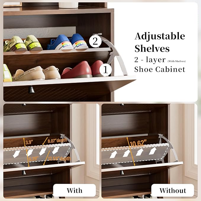 Fsbecl Shoe Cabinet for Entryway with 3 Flip Drawers & Coat Rack, Narrow Hidden Shoe Storage Cabinet with Fluted Panel, 2-in-1 Hall Tree Slim Freestanding Shoe Rack Organizer for Hallway, Walnut