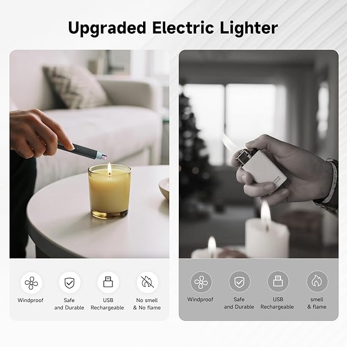 Electric Candle Lighter, USB-C Rechageable Arc Lighters for Camping, Long Lighter with Safety Switch & LED Battery Display, Windproof & Flameless lighters for BBQ, Grill (Black)