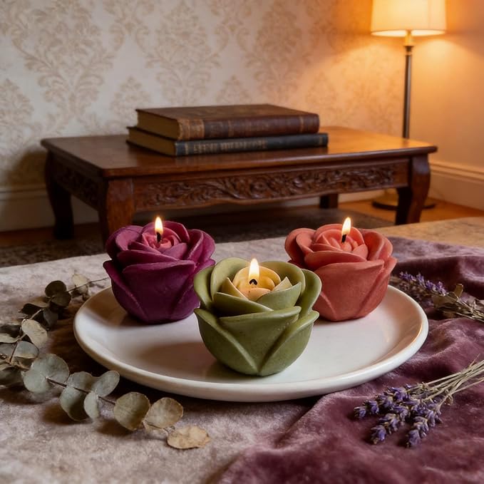 4 PCS Rose Candle Molds 3D Rose Flower Silicone Molds with Leaf Mold for Candle Making Mold DIY Handmade Soaps, Candle Gifts,Resin Crafts,Ice Cubes,Chocolate and Home Decorations Valentine's Day Gift