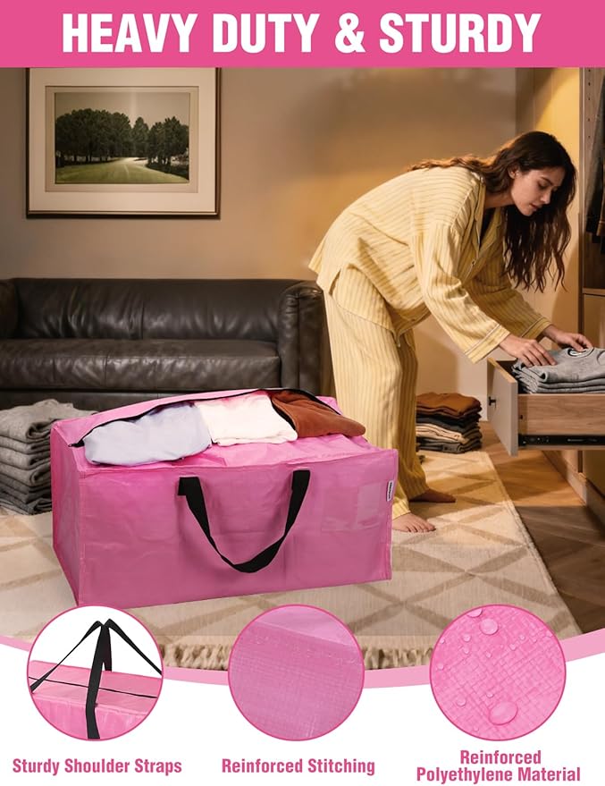 WORKPRO 1 Pack Extra Large Moving Bags with Zippers & Carrying Handles Backpack Straps, Heavy-Duty Storage Tote for Space Saving Moving Storage (Pink)