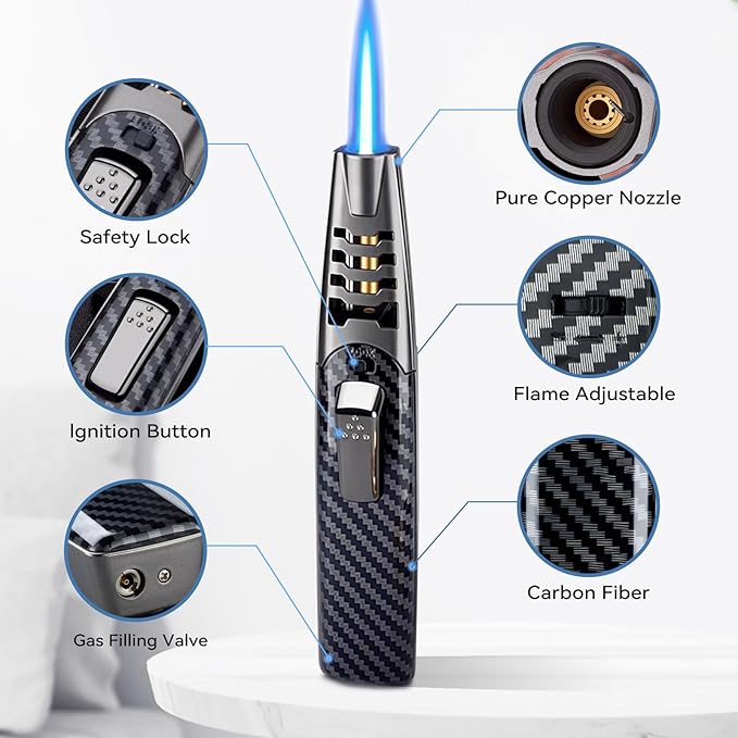 Torch Lighter, Butane Lighter, Windproof Adjustable Big Jet Flame Butane Torch, Refillable Gas Long Torch Lighter with Safety Lock for Candle Grill Camping BBQ Kitchen Soldering, Gas Not Included