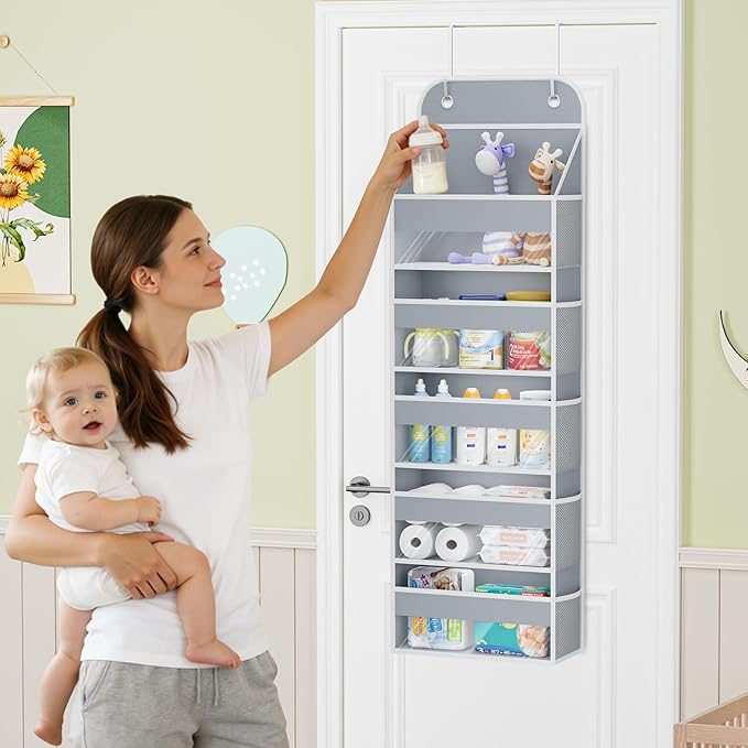 COOLBEBE Over the Door Organizer, 5-Shelf Door Organizer Hanging with10 Side Pockets, 44LB Behind the Door Organizer for Bathroom Bedroom Closet and Baby Essentials (1PC, Grey)