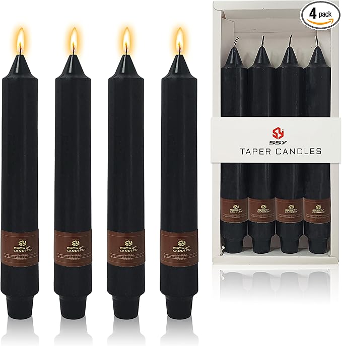 Black Halloween Taper Candles 4 Pack Hand-Poured 9 Inch Unscented Long Tapered Candles for Spooky Decor, Haunted Houses & Gothic Weddings - Clean Burning, Smokeless & Odorless