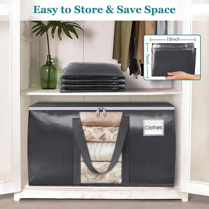 HomeHacks 4 Pack Extra Large Moving Bags with Visual PVC Window & Zippers, Storage Totes with Reinforced Handles, Heavy Duty Storage Bags for Packing, Moving, Storage (125L,Grey)