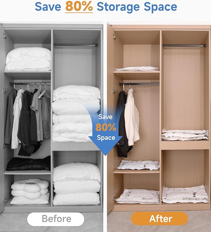 24 Pack Vacuum Storage Bags, Space Saver Vacuum Seal Bags for Clothing, Bedding, Blankets, Comforters,Travel Luggage, Vacuum Compression Bags with Hand Pump (8 Jumbo+4L+4M+4S+4 Roll-up Bags)